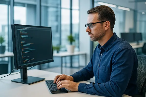 IT developer coding at a desktop computer in a modern office with large windows