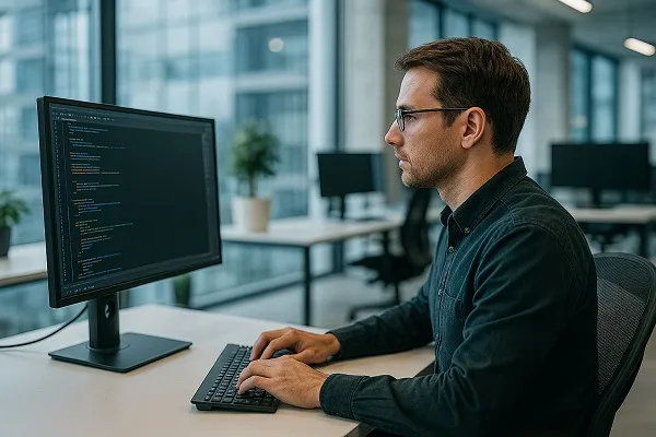 IT professional typing code at a modern workstation in a bright, open office