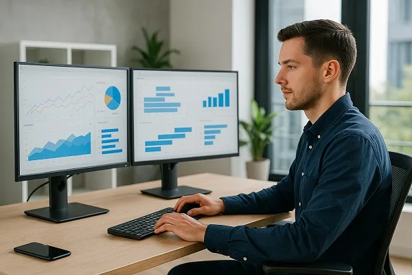 IT professional reviewing data dashboards on dual monitors in a modern office