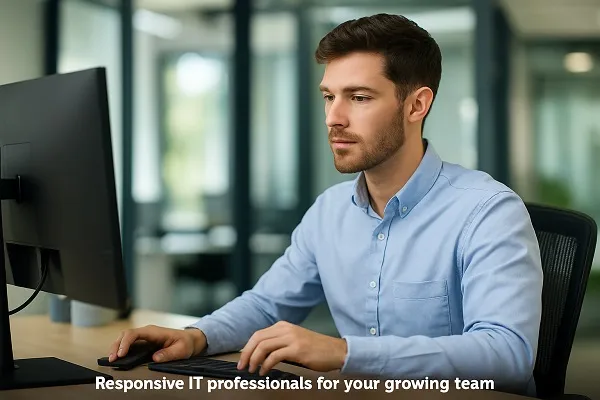 IT professional working at a desk in a modern office, focused on his monitor