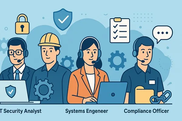 Wide illustration of IT support professionals representing roles like security analyst, systems engineer, compliance officer, and helpdesk technician.