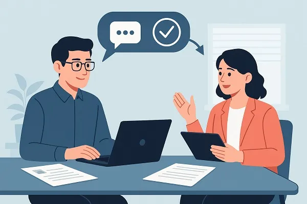Two professionals communicating at a desk with speech bubbles and checkmark icons above them.
