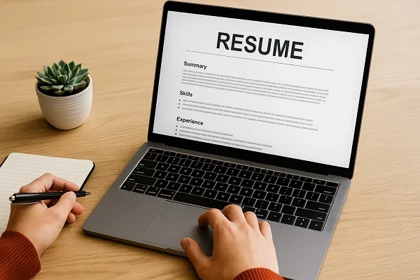 A person working on their résumé on a laptop, with résumé sections visible and a notepad and pen on the desk beside them.