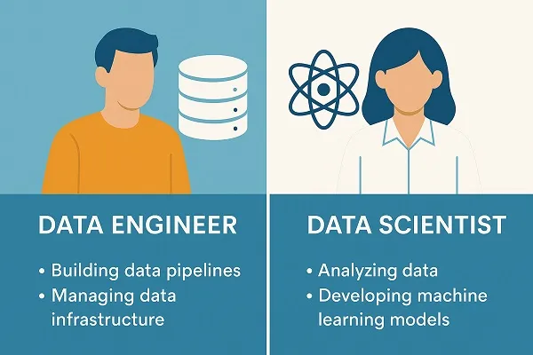 Side-by-side visual comparing a data engineer and a data scientist, each with icons and responsibilities related to their role.