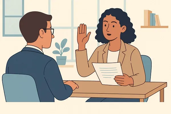 A woman speaks confidently to her supervisor across a desk, holding a document and raising her hand during a workplace discussion.