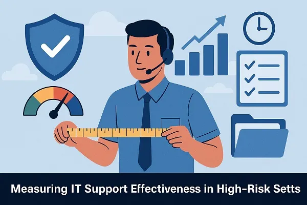 Wide illustration of an IT support analyst measuring performance, surrounded by charts, checklists, shield, and speedometer icons.