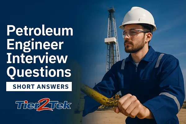 A petroleum engineer in a white hard hat and blue coveralls operates equipment on an oil field with a drilling rig in the background, next to text reading “Petroleum Engineer Interview Questions – Short Answers” and the Tier2Tek logo.