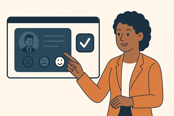 Smiling recruiter selecting positive candidate feedback on a digital screen to emphasize strong candidate experience.