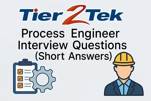Wide banner with Tier2Tek logo, text "Process Engineer Interview Questions (Short Answers)", and icons of a checklist, gear, and engineer figure.