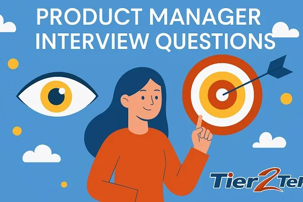 A wide digital illustration for "PRODUCT MANAGER INTERVIEW QUESTIONS" featuring a smiling woman pointing at a bullseye target, an eye graphic, clouds, and the Tier2Tek logo.