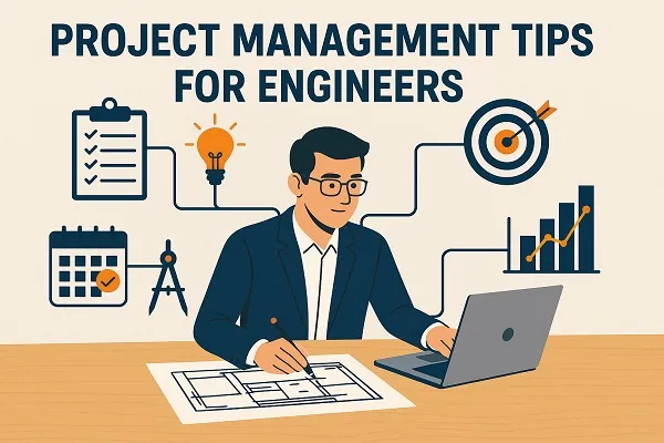 Engineer working at desk with laptop and blueprints, surrounded by icons representing tasks, deadlines, innovation, and goals.