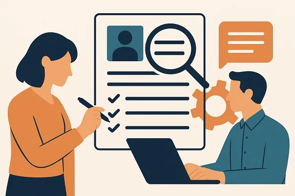 Two professionals collaborate to refine a job description, one writing while the other analyzes the document with a magnifying glass.