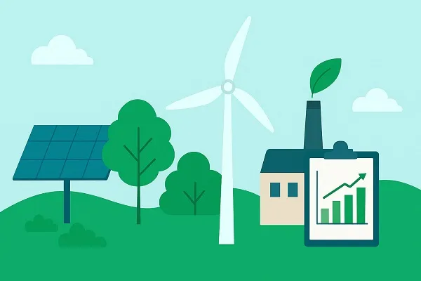 Illustration of renewable energy integration in engineering with solar panels, wind turbines, a factory, and a data chart.