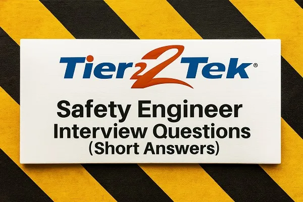 Tier2Tek Safety Engineer Interview Questions banner with chevron safety stripes