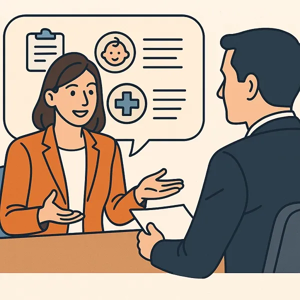 A woman in an orange blazer explains her employment gap to an interviewer using visual icons for family, health, and work.