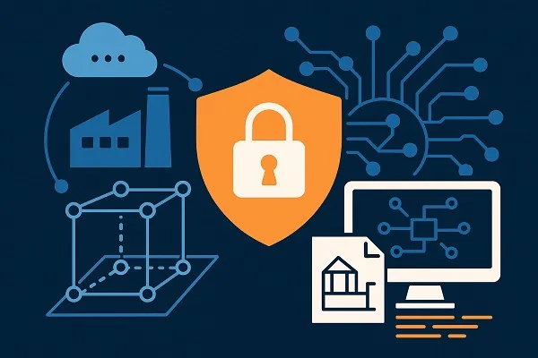 Illustration of a secure digital twin system with factory, cloud, shield lock, circuit network, and blueprint icons.