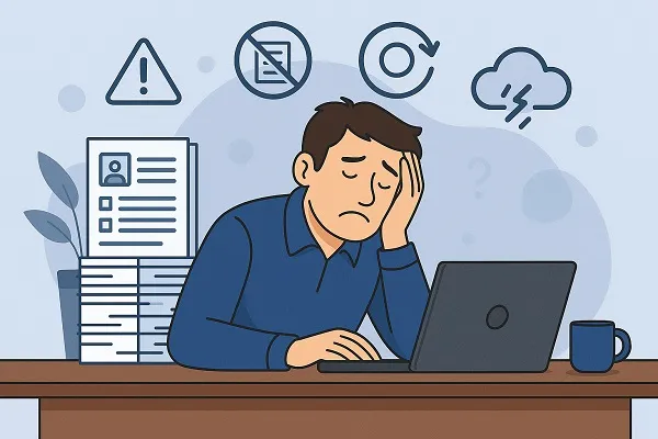 Frustrated man overwhelmed at his desk with resumes, laptop, and stress-related icons above.