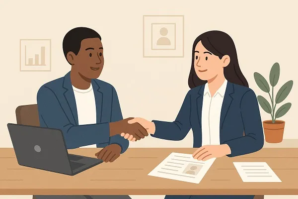 A recruiter and hiring manager shake hands across a desk in a collaborative office setting.
