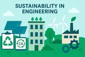 Illustration representing sustainability in engineering with solar panels, wind turbines, green buildings, and recycling symbols.