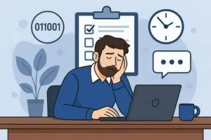 Exhausted man at desk with laptop, checklist, and clock, symbolizing tech interview fatigue.