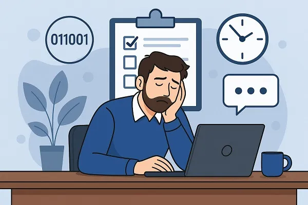 Exhausted man at desk with laptop, checklist, and clock, symbolizing tech interview fatigue.