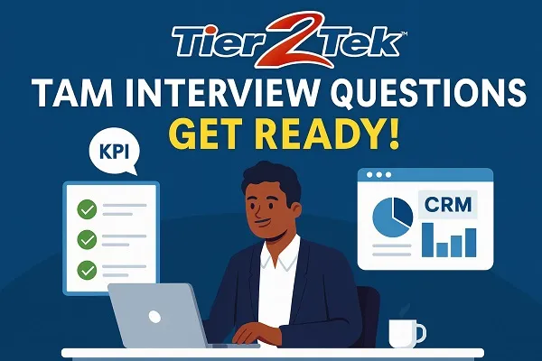 A professional man in a suit at a desk with a laptop, surrounded by graphics labeled KPI and CRM, under the header "TAM Interview Questions – Get Ready!" and the Tier2Tek logo.