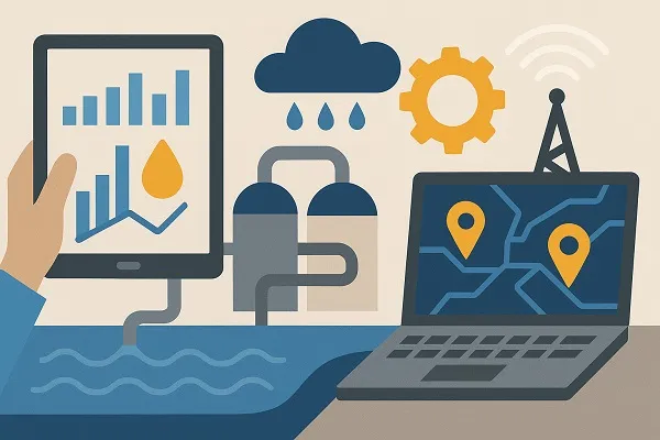Illustration showing technology tools like a tablet and laptop monitoring water treatment systems and rainfall data.