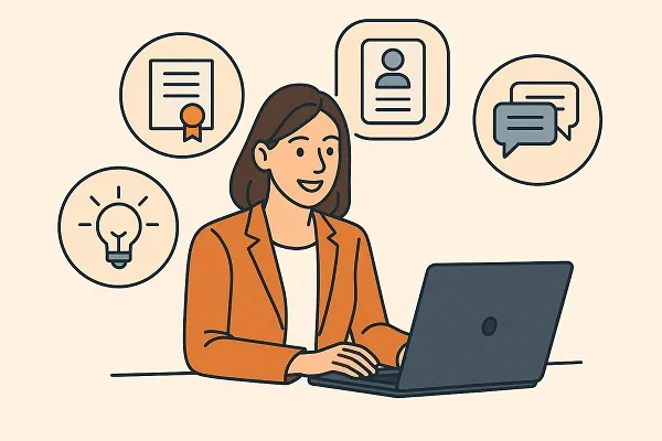 A woman at a laptop surrounded by icons representing certification, resume, networking, and ideas.