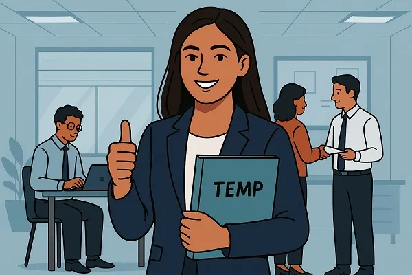 A confident woman holding a "TEMP" folder gives a thumbs-up in a modern office, symbolizing her path from temp to permanent employee.