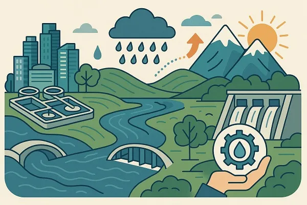 Illustration showing urban and natural water systems, including treatment plants, rivers, dams, and rainfall, symbolizing climate-adaptive water resource engineering.