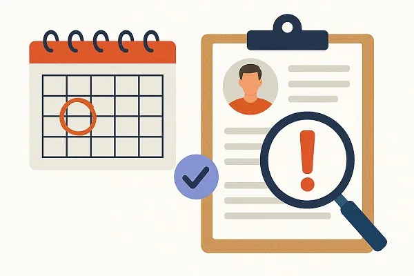 A clipboard with a resume and magnifying glass next to a calendar with a date circled in orange.