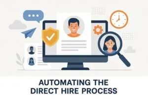 Illustration of automating the direct hire process, featuring candidate profiles, a computer screen, and recruitment icons.