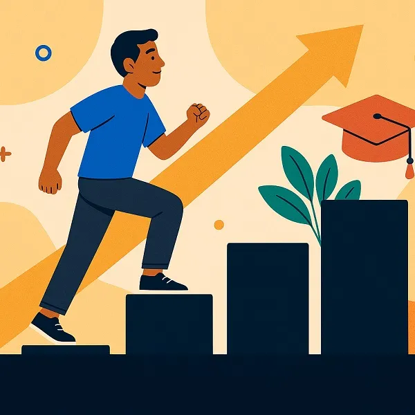 Wide digital illustration of a professional climbing upward steps with a large golden arrow, symbolizing career growth and learning opportunities.