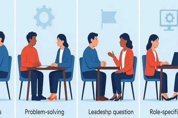 Illustration showing four interview scenarios representing categories like self-awareness, problem-solving, leadership, and role-specific questions.