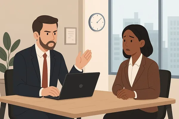 Illustration of an interview scene where a male interviewer looks stern while questioning a female candidate, reflecting potential mistakes in deeper interview questions.