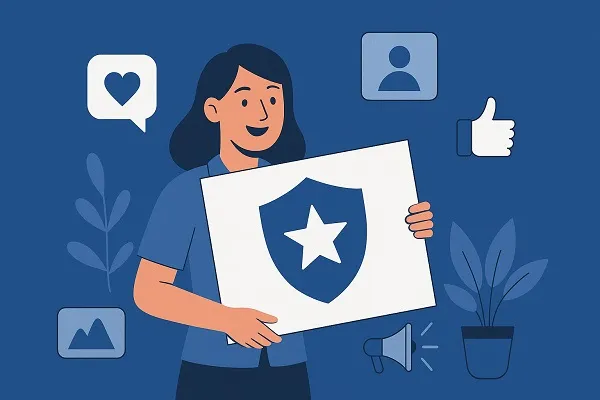 Illustration of a smiling woman holding a large board with a shield and star symbol, surrounded by icons representing positive engagement, communication, and recognition.