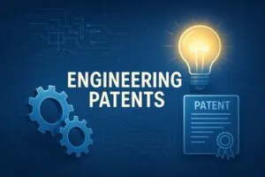 Wide illustration of engineering patents with gears, glowing lightbulb, and patent document over a blueprint background.