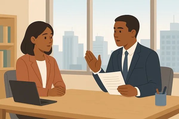 Illustration of a professional interview in a modern office where a male interviewer in a suit speaks thoughtfully to a female candidate in a salmon blazer.