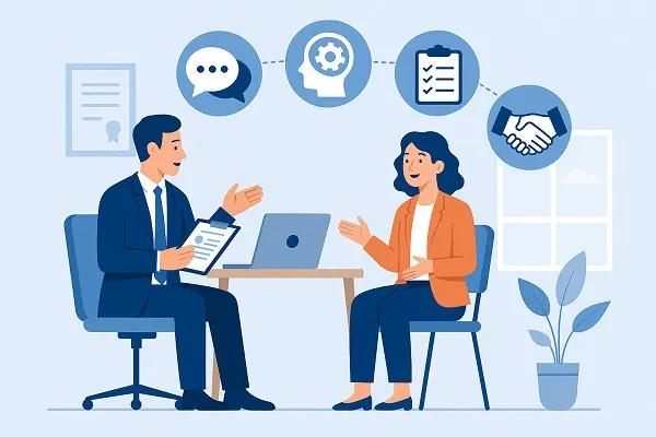 Illustration of a job interview where an interviewer assesses a candidate’s soft skills, with icons above representing communication, problem-solving, organization, and collaboration.