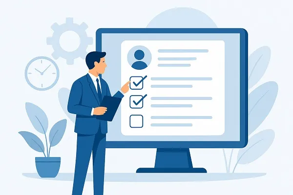  Illustration of a professional setting up a checklist on a large monitor, representing steps to begin automating hiring.