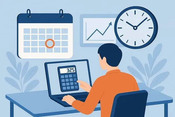 Wide illustration of a person calculating on a laptop with a calendar, clock, and progress chart in the background, symbolizing time-to-fill measurement.