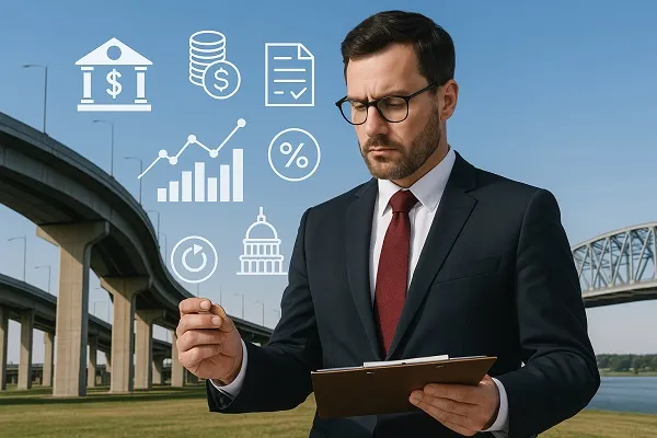 Businessman reviewing documents near highway and bridge, surrounded by digital financial and policy icons.