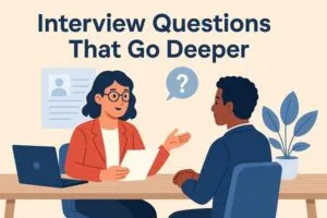 Illustration of an interview scene where a hiring manager speaks with a candidate across a desk, symbolizing deeper interview questions.