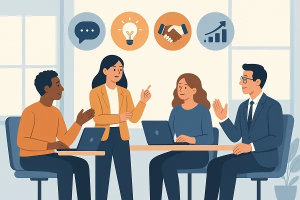 Illustration of four diverse professionals collaborating in a modern office with icons representing communication, creativity, teamwork, and growth above them.