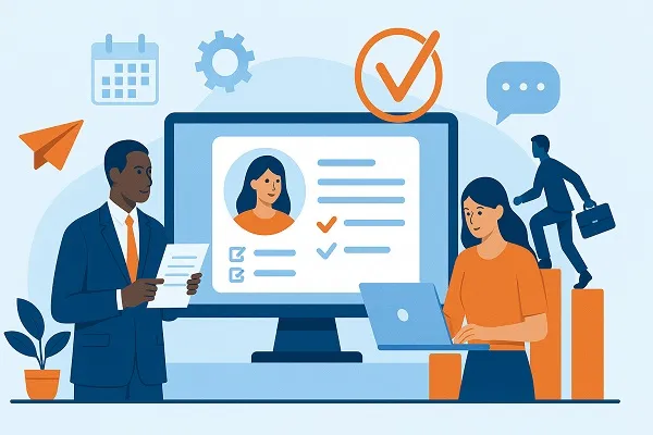 Wide illustration showing a recruiter holding a document and pointing to a computer screen with a candidate profile, while another person works on a laptop, with progress and efficiency symbols in the background.