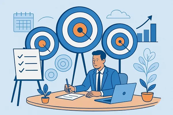 Wide illustration of a man in a suit working at a desk with a laptop and paper, surrounded by target boards, a checklist, and growth chart.