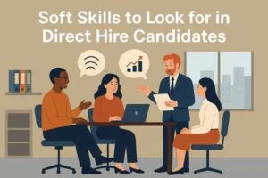 Illustration of diverse professionals in an office discussing soft skills for direct hire candidates, with icons of communication and growth.