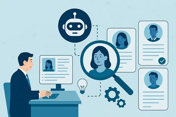 Illustration of a recruiter using AI and smart tools to source candidates, with profiles and automation icons.