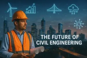 Civil engineer in a reflective vest stands before a futuristic city skyline with digital icons of infrastructure and technology.