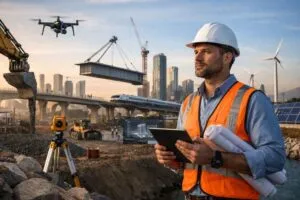 Civil engineer overseeing modern infrastructure project using digital tools and advanced construction methods in 2026